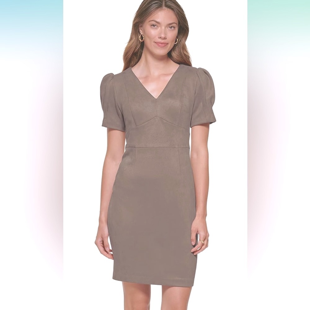 DKNY Taupe V-Neck Puff Sleeve Sheath Dress